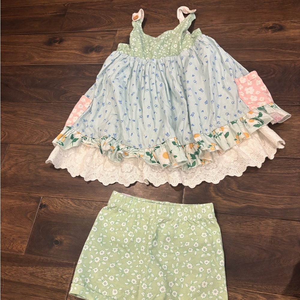 SweetHoney Multi-Print Pastel Ruffle tunic with Green Floral Shorts